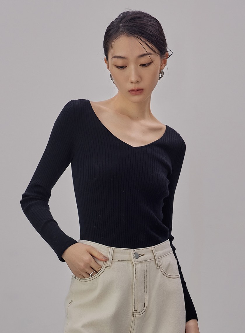 V領長袖羊毛針織上衣